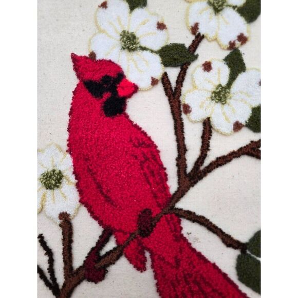 Vintage Handmade Cardinal & Dogwood Punch Needle Art In Wooden Frame - Picture 3 of 10